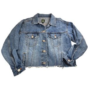 Y2K Denim Jacket Women's XS Disyressed Oversized‎ Blue Wild Fable Preppy
